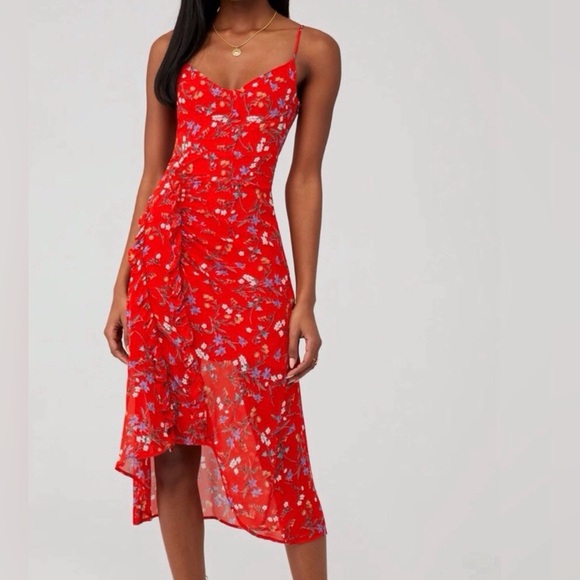 Revolve Rays for Days Women’s Clementine Red Ruffle Floral Viscose Dress Size XS